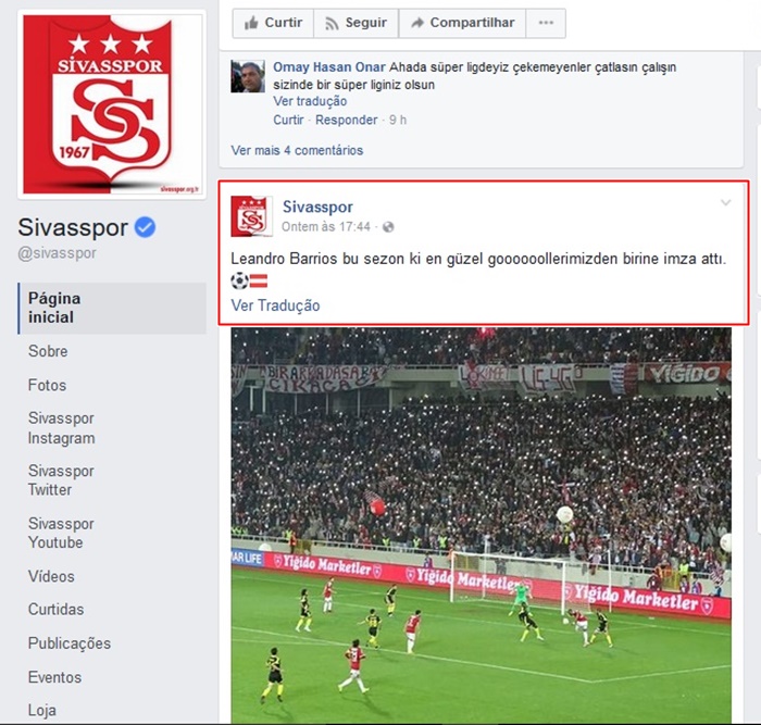 Facebook do Sivasspor destacando o gol de Leandro.